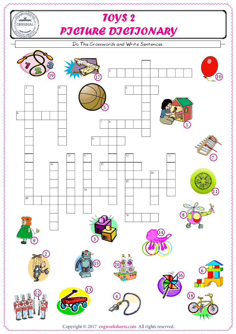  ESL printable worksheet for kids, supply the missing words of the crossword by using the Toys picture. 